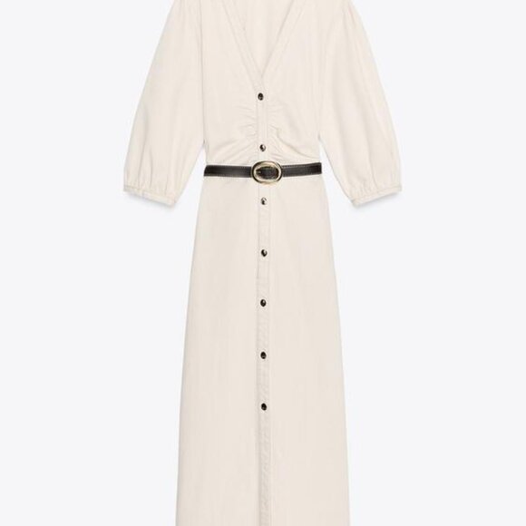 Zara - ECRU Belted Balloon Sleeve Midi Dress - L - Picture 2 of 6